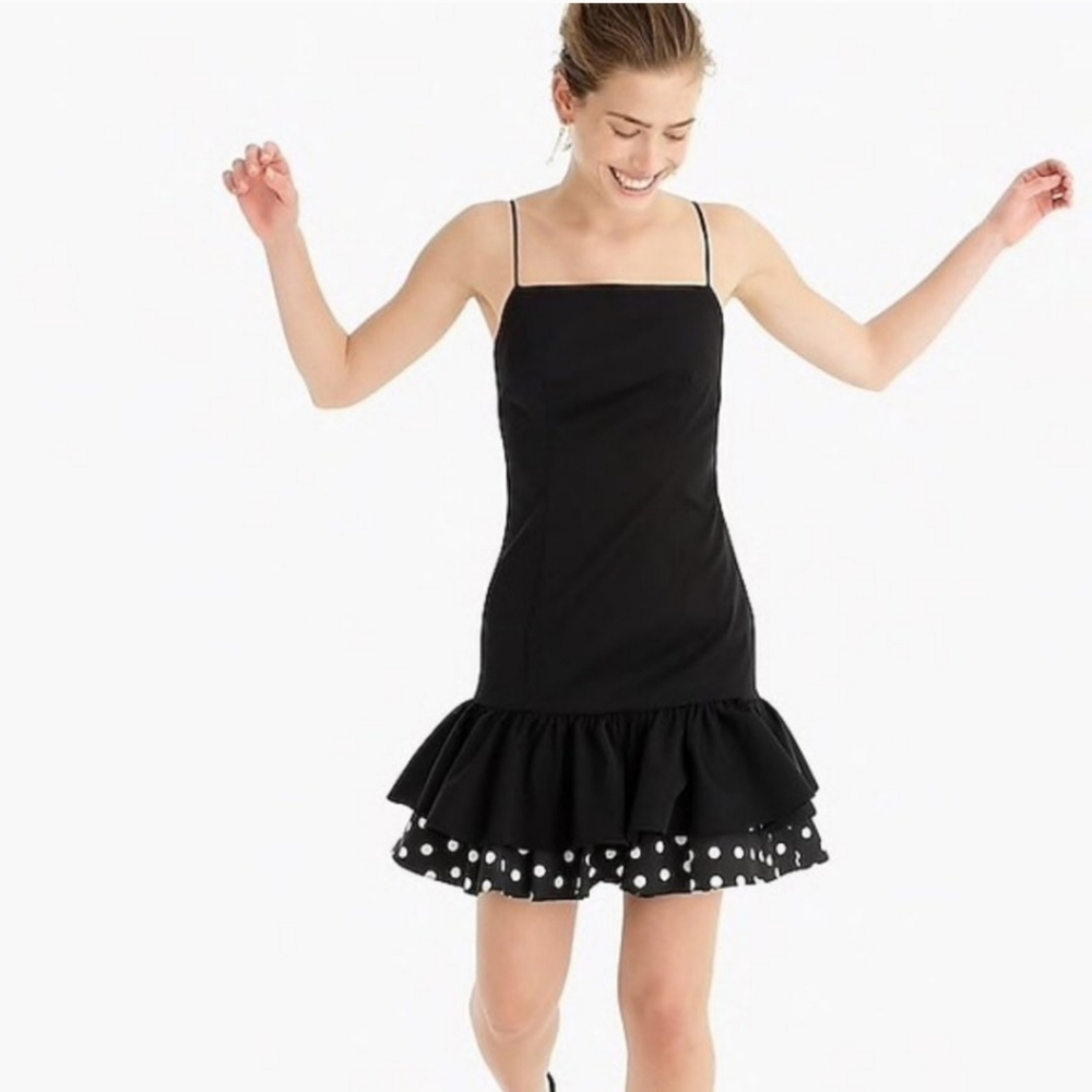 NWT J Crew mini dress fluted stretch black polka dot double ruffle hem 10